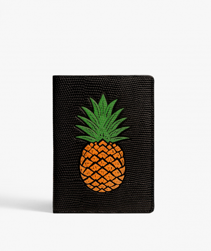 Passport Cover Pineapple Orange Lizard Black
